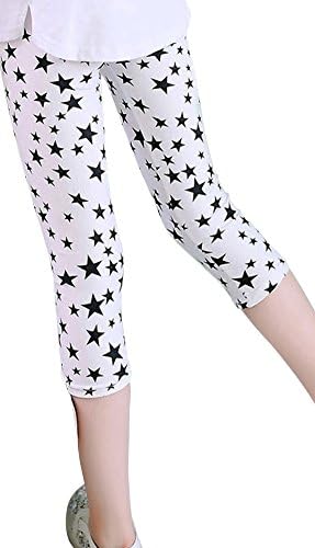 SportsWell Girls Kids Printing Flower Leggings Toddler Cropped Capris Pants Black White Star(US M(5),Tag 120cm)