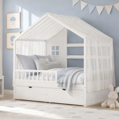 RuiSiSi Twin Size House Bed with Storage Drawers, Wood House Bed with