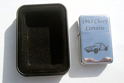 1963 Chevy Corvette Engraved Chrome Plated Brass Refillable Lighter in Black tin case