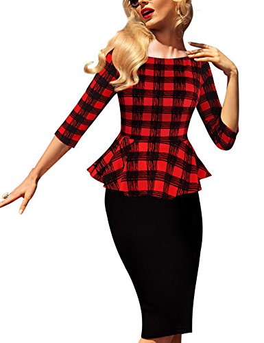 Sleeve Peplum Elegant Vintage Wear To Work Pencil Dress เดรส แฟชั่นชุดทำงาน Saslax ผู้หญิง 3/4