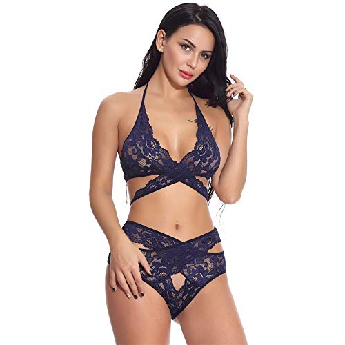 CofeeMO Cross Wrap Lace Ultra-Thin Two-Pieces Lingerie Suit,Sexy Underwear Halter Pajamas for Women(Blue,L)