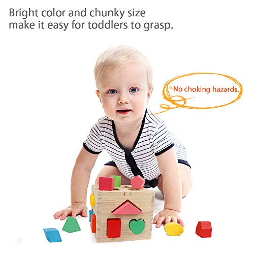 Aomola Wooden Shape Sorting Cube Toys with 13 Colorful Wood Geometric