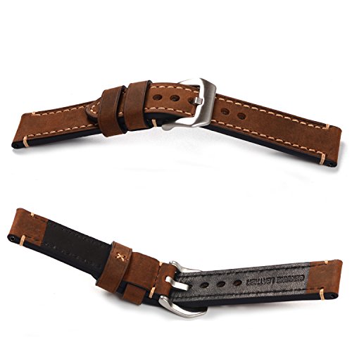 EACHE 26mm Vegetable Tanned Watch Band,Genuine Leather Handmade Watch Straps in Dark Brown-Silver Hardware