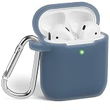 GMYLE AirPod Case, Silicone Protective Cover Skins with Keychain for Airpods Earbuds Wireless Charging Case, Accessories Set Compatible with Apple AirPods 2 & 1, Charcoal Blue [Front LED Visible]