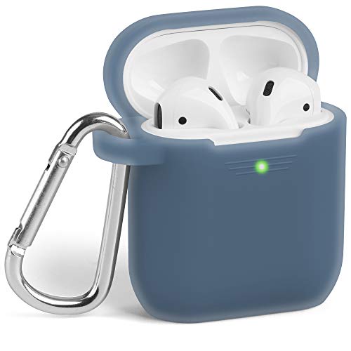GMYLE AirPod Case, Silicone Protective Cover Skins with Keychain for Airpods Earbuds Wireless Charging Case, Accessories Set Compatible with Apple AirPods 2 & 1, Charcoal Blue [Front LED Visible]
