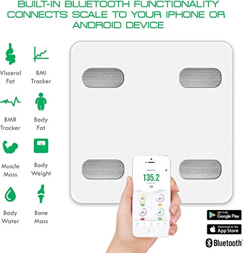 Bluetooth Smart Body Fat Scale- Fit2Live Digital Bathroom Weight Scale, Body Composition Analyzer, USB Rechargeable, with iOS and Android App for Body Weight, Fat, Water, BMI, BMR, Muscle Mass (White)