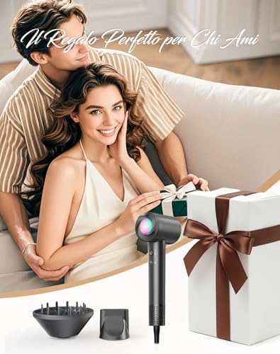 Phon Capelli Professionale, Asciugacapelli Ionico Alta Velocità 150.000 RPM | Asciugatura Rapida 1-5 Minuti, 365g Leggero, 8 Temperature con Controllo Termico, 500M Ioni Negativi Anti-crespo e Diffusore