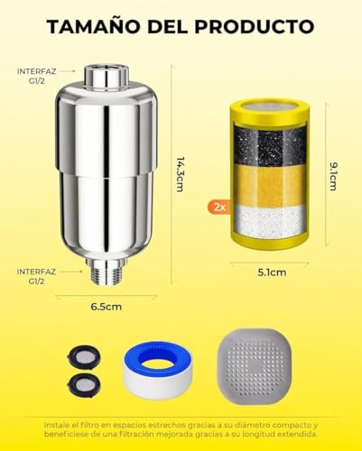 Filtro de Ducha de Alta Resistencia, Paquete de 2 Cartuchos – Elimina hasta el 99% del Cloro, Flúor, Metales Pesados e Impurezas del Agua Dura – Piel Más Saludable y Cabello Más Suave