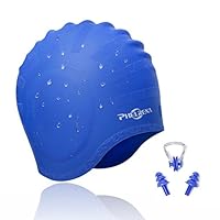 PHELRENA Swimming Cap Waterproof Premium Silicone Solid Long Hair Earmuffs Swim Cap Flexible Reversible for Adults Kids Women Men, Keeps Hair Clean Ear Dry, Free with Nose Clip and Ear Plugs