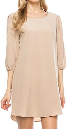 KAYLYN KAYDEN KLKD Women's Solid Round Neck Bishop 3/4 Sleeve Chiffon A-Line Shift Mini Dress
