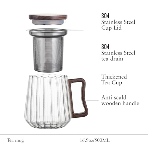 Tea Cup with Infuser and Lid, Glass Tea Cup, Borosilicate Glass Mug, 17oz Tea Mug, Clear Tea Cup for Loose Leaf Tea, Blooming Tea, Tea Bag (Threaded Mug)