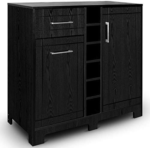Mandycng Kitchen Home Bar Cabinet with Bottle Glass Storage & Drawers in Black Oak Finish Whisky Rum Corner Dining Room Liquor Storage Wine Glasses Cupboard