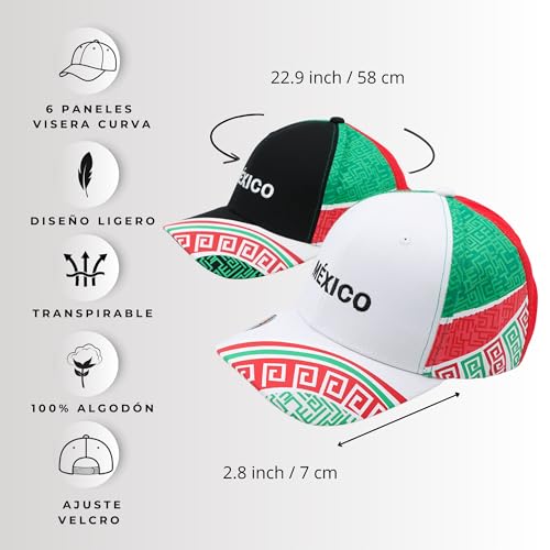 Genérico Set 2 Gorras México 2026 Diseño Original con Patrón Azteca y Bordado para Aficionados al Fútbol, Cachucha Unisex Tricolor, Gorra de Béisbol para Hombre y Mujer Tipo Aport