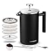 Finedine French Press Coffee Maker - (34-Oz) 18/8 Stainless Steel Double-Wall Insulated Retains Heat Longer - Triple-Screen Grounds Filter System, Sleek Matte Black, Extra Filter & Components Included