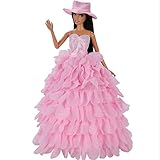 FairyStar Pink Multi Layer Peacock Leaf Wedding Dress and Princess Party Gown with a Cute Hat for Barbie Dolls Xmas Gift