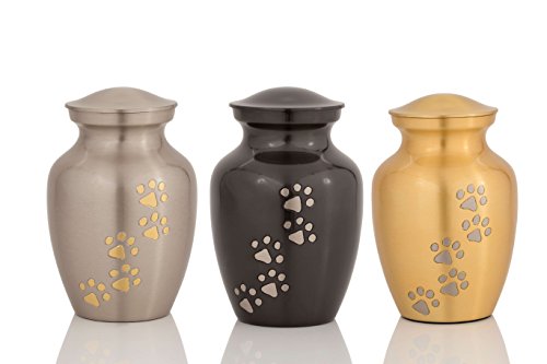 Enshrined Memorials Cremation Urn for Ashes by Cerberus Series Small Pet Dog Cat Handcrafted Solid Brass Affordable for Funeral in Velvet Bag Engraving Design (Pewter Silver, Vertical Paws)