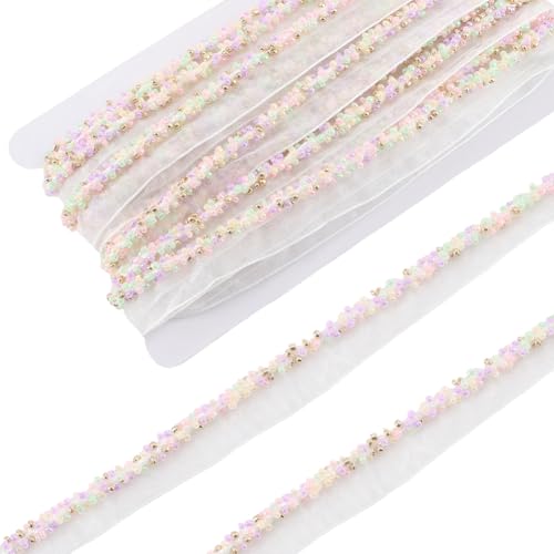 CABODYALS 7.32M 14mm Colorful Embroidery Glass Beads Trim Soft Mesh Lace Ribbon Rainbow Small Beaded Edged Polyester Sheer Ribbons For Sewing Making Dress Costume Decor Gift Wrapping Diy Crafts