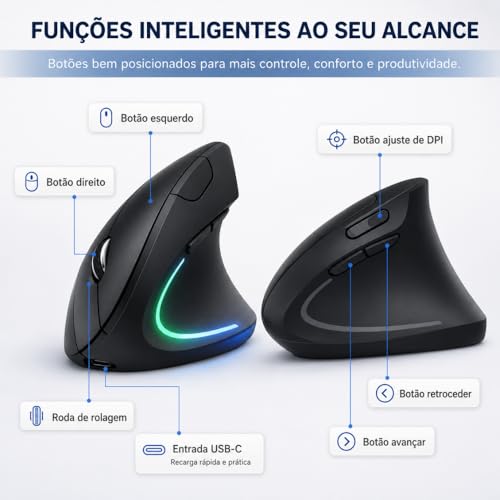 Mouse Ergonômico Vertical Recarregável Sem Fio, Bluetooth 5.0 + USB 2.4G, Cliques Silenciosos, RGB, DPI Ajustável 800-2400, Compatível com Notebook e PC