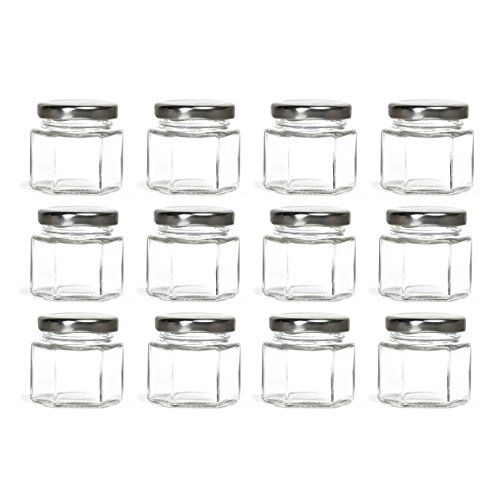 Hexagon Glass Jars by Nellam - 4oz, 12 Pack. Includes 24 Chalk Sticker Labels and 2x Chalk Pen. DIY Jars for Canning, Party Favors, Jams, Sauces, Herbs, Spices. (Silver Lid - 12 Pcs)