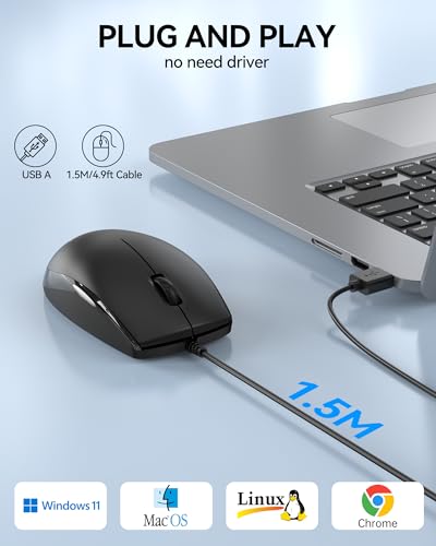 TECKNET Wired Mouse, Mice Wired Optical USB-A Computer Silent Mouse With DPI Tracking, Gaming Grade Sensor, 3 Buttons, Business Office Mouse PC/Laptop, Corded Mouse for Graphic Design (Black, Medium)