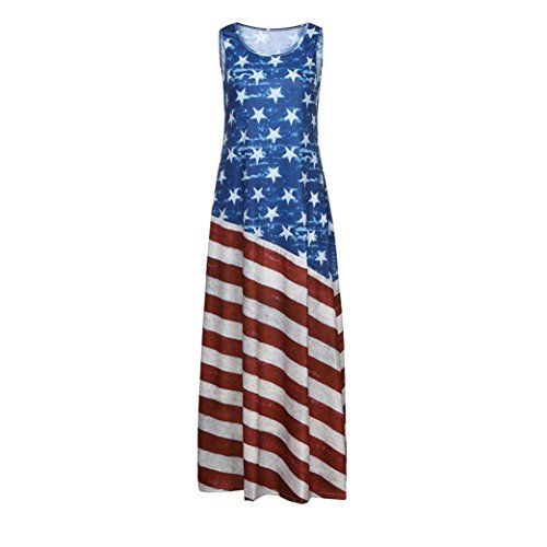 Hot Sale! Independence Day Dress,Women American Star Flag Print Sleeveless Long Maxi Casual Beach Dress (Multicolor, XXL)