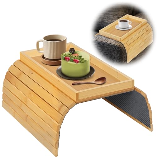Mesa de Braço de Sofá 2 em 1, Bandeja de Braço de Sofá de Bambu, Bandeja Dobrável para Apoio de Braço