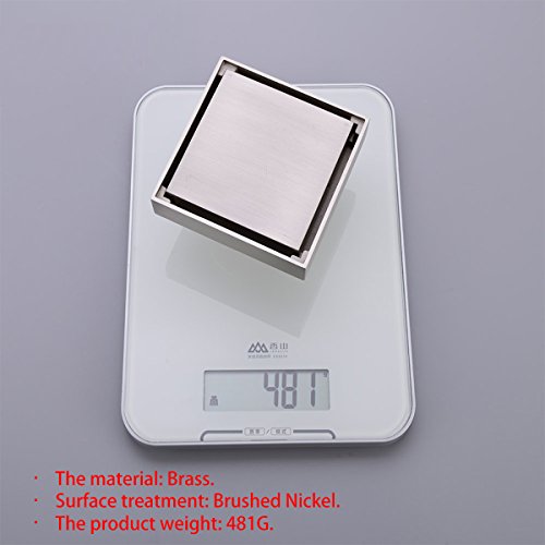 RANDOM 4 inch Square Shower Floor Drain Solid Brass Bathroom Tile Insert Floor Drainer with Removable Strainer Cover Brushed Nickel Finish Anti-clogging for Kitchen, Washroom, Garage and Basement.