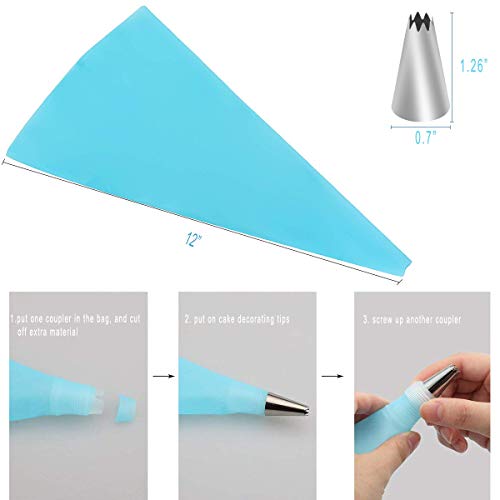 54 PCs Cake Decorating Kit, 36 Baking Supplies Icing Tips with Cleaning Brush, 2 Reusable Silicone Piping Bags, 10 Disposable Pastry Bags, 2 icing spatulas, 2 Reusable Coupler, and Cake Stripping Tool