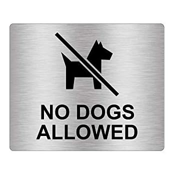 No Dogs Allowed Sign Adhesive Sticker Notice, Metallic Silver Engraved Black with Universal Icon Symbol and Text (Size 5 inches x 4 inches)