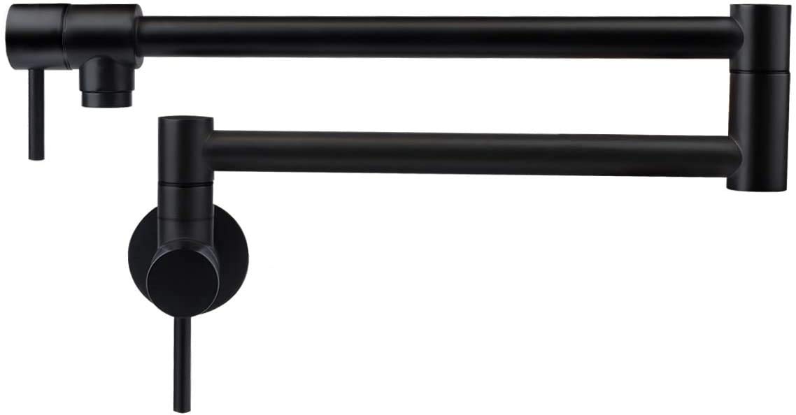 KWODE Black Pot Filler Faucet Commercial Kitchen Single Hole Wall Mount Folding Stretchable Brass Faucet with Two Handles