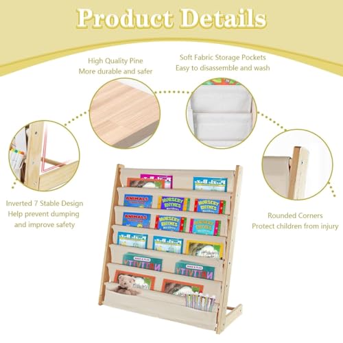 Beauenty 6-Tier Kids Bookshelf,Wood Bookrack,Canvas Book Storage Shelf Display,With Deep Sleeve Storage,Kids Book Rack Storage,Baby Bookcase Organizer,Magazine Rack,Toy Storages(80 * 75 * 30CM)