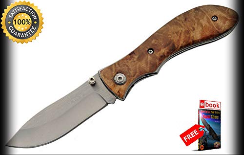 FOLDING POCKET Sharp KNIFE 4'' Closed Stainless Steel Blade Burl Wood Lockback EDC Combat Tactical Knife + eBOOK by Moon Knives