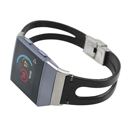 Lisin Leather Band For Fitbit Ionic,Replacement Leather Wristband Band Strap Bracelet (Black) - Thumbnail 4