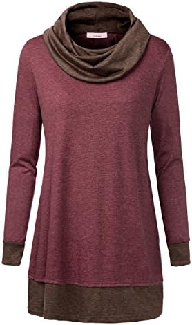 Jubby Women's Casual Cowl Neck Color Block Elbow Patch Long Sleeve Tunic Top Large Wine