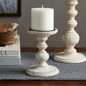 Decoristic Wooden Candle Holder Dining Table Pillar Holder Dark Room Candle Stand Decorative Tealight Stand for Living Room Bedroom Balcony Restaurant Offices Set of 2