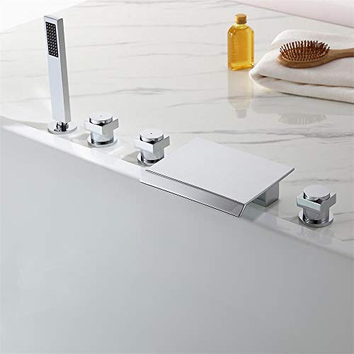 JiaYouJia Commercial Deck Mount Widespread Waterfall Bathroom Bath Tub Faucet Roman Tub Filler with Hand Shower, Chrome - Thumbnail 2
