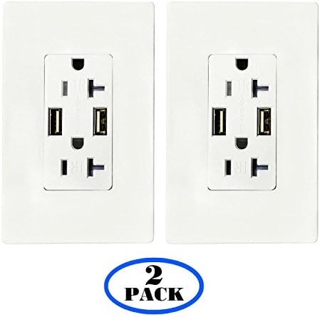 Wall Outlet with USB - LASOCKETS USB Outlet. Dual USB Charger Outlet. USB Wall Charging Sockets. 2-Outlet 20A Tamper Resistant Duplex Receptacle with 4 Free Wall Plates, White (2 Pack)