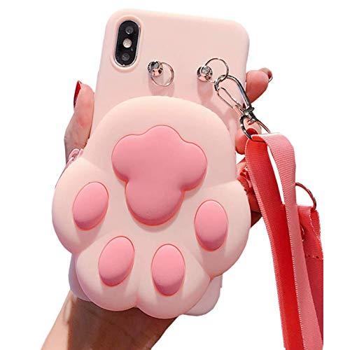 SGVAHY Wallet Case for iPhone 11 Pro Max with Strap Lanyard Cute Cat Paw Coin Purse Funny Phone Case Kawaii Soft Silicone Shockproof Cover for Women Girls