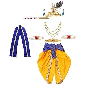 Krishna Costume for Baby Boys Kids Set of 10 Janmashtami | Dhoti & Patka Included, Mukut with Morpankh, Ages 0-8 Years, Bansu