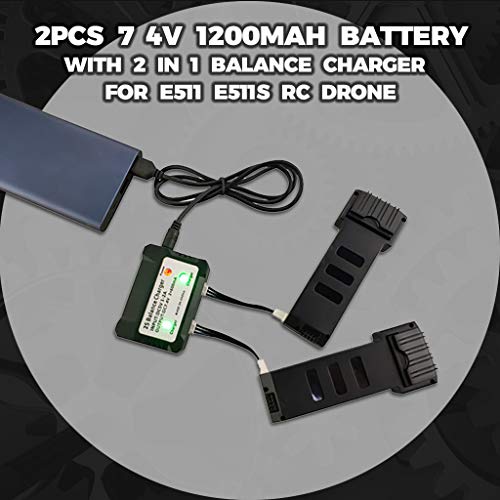 FBGood-2-Stueck-Drohne-Ersatzakkus-mit-2-in-1-Ladegeraet-und-Ladeleitung-74V-1200mAh-Batterie-fuer-E511-E511S-RC-Quadcopter-Ersatzteile-Langlebig-Hoher-Kapazitaet-Drone-Akkus-Zubehoer