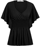 Meaneor Women V-neck Slimming Short Sleeve Smocked Empire Waist Tank Batwing Top