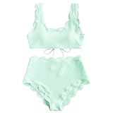 ZAFUL Women's Scalloped Textured Swimwear High Waisted Wide Strap Adjustable Back Lace-up Bikini Set Swimsuit