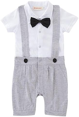Infant Boys Shorts Sleeve Bow Neck Gentleman Formal Straps Romper Jumpsuit