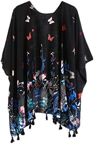 JAGETRADE Women Outdoor Cotton Beach Swimsuit Cover Up Boho Vintage Colored Flowering Shrubs Butterfly Printed Kimono Cardigan Tassels Trim Jacquard Shawl