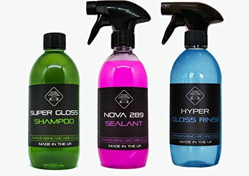 EVEIN Gloss Enhancer Kit - Super Gloss Shampoo deep glossy shine finish, Nova 289 Sealant Protective Paintwork Barrier Enhance Gloss Repelling Dirt, Hyper Gloss Rinse Car Water Repellent Glossy Finish Bodywork Protection (500ml)