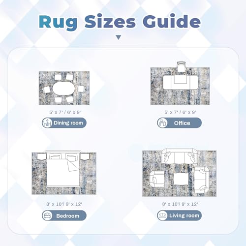 pmtsns Area Rugs 8x10 for Living Room: Washable Rug Modern Abstract Neutral Soft Non-Slip Low-Pile Indoor Large Carpet for Bedroom Dining Room Playroom Home Office (Blue Grey Brown, 8'x10')