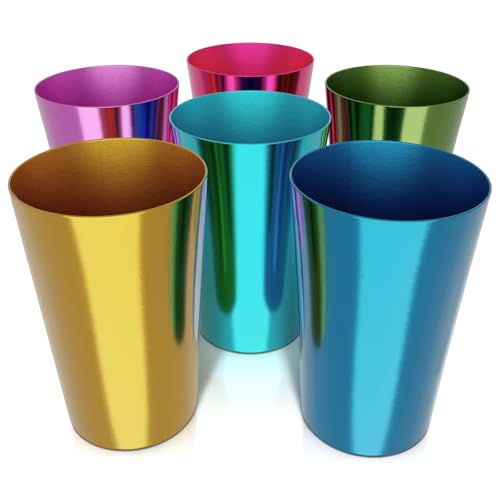 Retro Style Aluminum Cups 15 oz Set of 6 - Metal Tumblers for Cold Drinks, Festive Color-Finished Metal Cups for Drinking, Stackable and Dishwasher-Safe, for Home, Camping, Patio & Holiday Parties