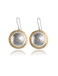 Dos Tono martillado a mano Círculo y el Disco arete Plata de ley 925 y 14 K Gold Filled Dangle Earrings