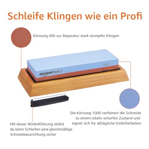 Amazon Basics Messerschärfstein, doppelseitig, Körnung 400/1000, mit rutschfester Bambusunterseite, 18 x 6.1 x 2.8 cm, Blau und Rot thumbnail 3