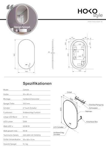 HOKO® Anti-fog LED Oval Mirror 50 x 90 / 90 x 50 cm with Gold Metal Frame. Vertical/Horizontal Mounting. Bathroom Mirror+Touch Switch+Hot/Cold/Neutral Light Change 2700-6500K